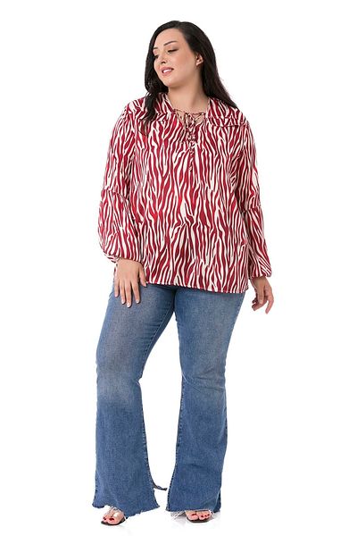 DISENTIS MODEST Plus Size Zebra Patterned Ornamental Pocket Flap Collar Detail Satin Red Blouse with Elastic Sleeve Mouth