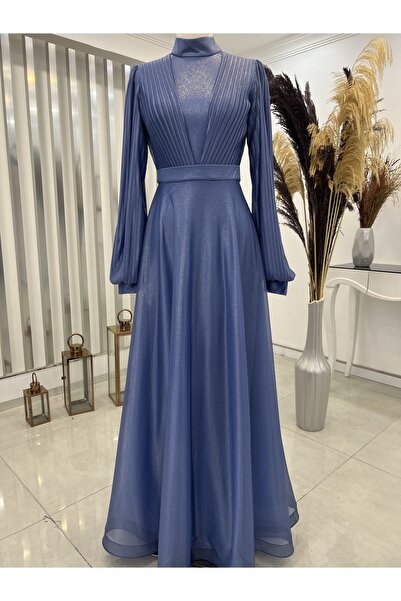 Genel Markalar Piliseli Buse Tesettür Abiye Indigo Mavi