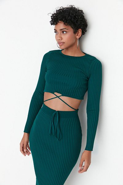 Trendyol Collection Zöld Super Crop Tie részletes szoknyás kötöttáru felső és alsó készlet TWOAW22EL0543