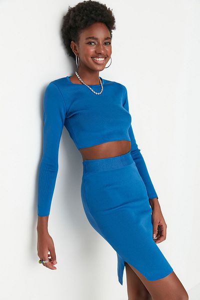 Trendyol Collection Kék Super Crop szoknya kötöttáru felső és alsó készlet TWOAW23AU00009