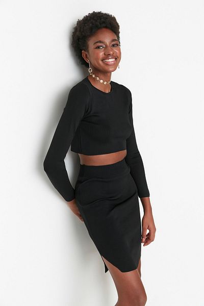 Trendyol Collection Black Slit Detailed Super Crop Knitwear Bottom-Top Set