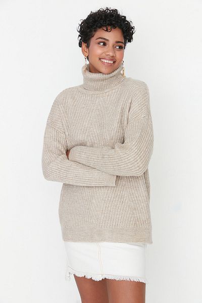 Trendyol Collection Rollkragenpullover mit steinfarbenem Strickdetail TWOAW21KZ1314