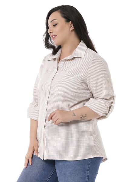 DISENTIS MODEST Cămașă de damă cu dungi bej de mărime Plus, cu mâneci îndoite și manșete largi