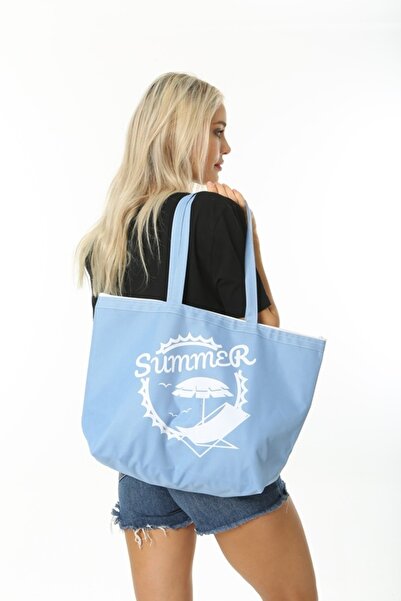 Serkan Çanta Bez Çanta Atölyesi Plaj Çantası Summer Beach Bag Baskılı Turkuaz 46x33x14