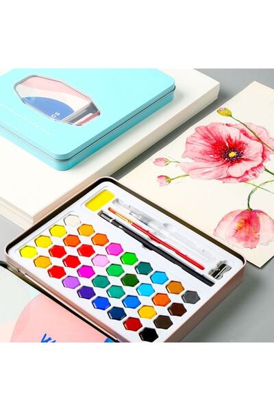 hobi24 Metal Kutulu Suluboya Seti - 36 Renk - Defter ve Aksesuar Hediyeli