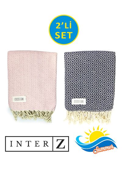 INTER Z Σετ 2 100% Cotton Beach Peshtemal και Πετσέτες - XXL 100x180cm Navy Blue Pink