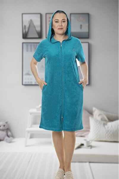 ESRATEKS Kapüşonlu Önü Fermuarlı Turkuaz Renk Bayan Havlı Elbise