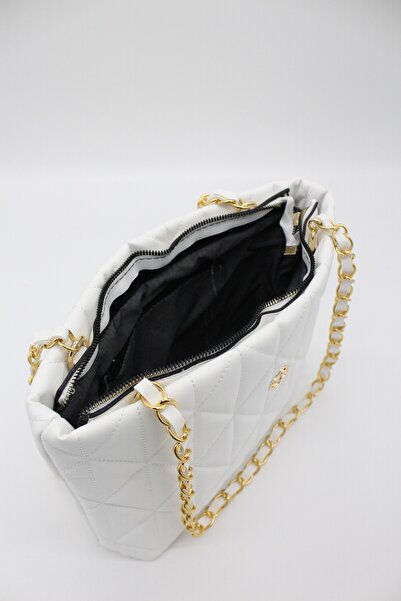 besmoda Geantă de mână și de umăr cu un singur compartiment, cu lanț matlasat, albă