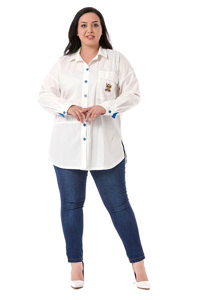 DISENTIS MODEST Plus Size Folded Sleeves Back Window Detailed Pocket Printed Poplin White Shirt