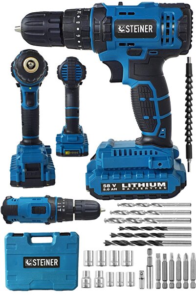 STEİNER Alman 58 V 5 Ah Darbeli Lityum Çift Akülü Sjs Metal Şanzıman Şarjlı Vidalama Matkap 24 Pcs Set