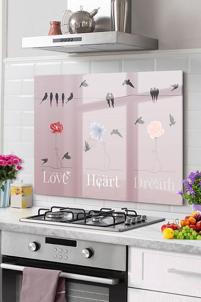 Olinpa Premium Kitchen Protective Countertop - Glass, Stove and Built-In Back 52X60Cm |   Love Heart