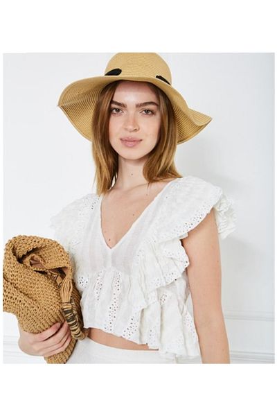 eos lingerie Embroidered V-neck Flounce White Blouse Crop