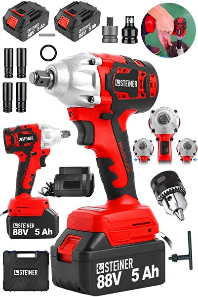 STEİNER Alman 88 V 5 Ah Çift Akülü Somun Bijon Sökme Takma Sıkma Matkap Kömür...