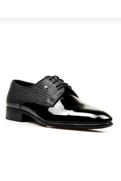 Pierre Cardin 7027 Мъжки черни лачени класически обувки за младоженеца с детайлен принт с връзки