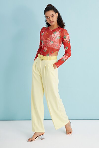 Bukamiss Women's Red Rose Patterned Tulle Sheer Bodysuit