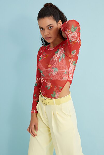 Bukamiss Women's Red Rose Patterned Tulle Sheer Bodysuit