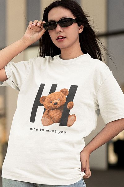 SUNFREE Hi Teddy Bear εμπριμέ υπερμεγέθη λευκό μπλουζάκι