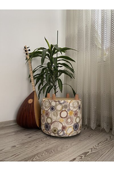 Papuli Ahşap Ayaklı Yuvarlak Yeşil Geometrik Desenli (sarı) Puf&bench Koltuk/tabure