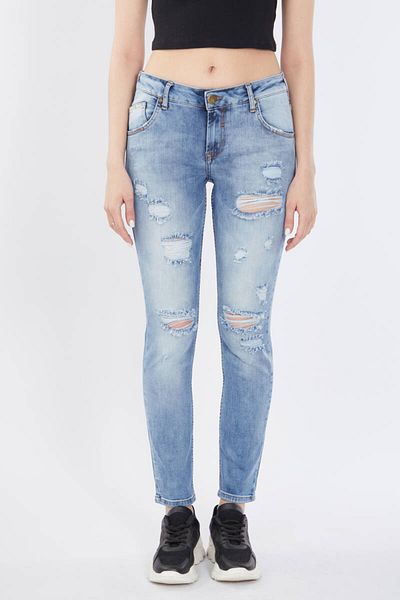 Bluewhite Pantaloni de damă rupti cu detalii albastru
