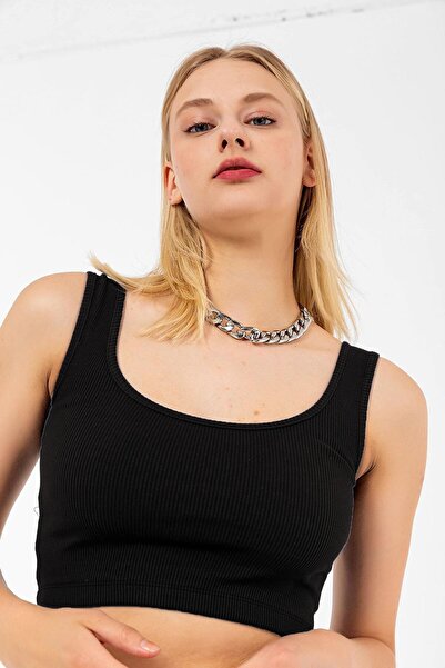 JACKAL CO. Crop Top Kalın Askılı Kaşkorse Fitilli Kısa Kadın Atlet