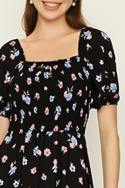 Select Moda Γυναικείο μαύρο φλοράλ φόρεμα με μπαλόνι μανίκια