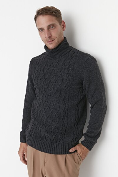 Trendyol Collection Antracitový Slim Fit rolák Úplet do vlasů Detailní pletený svetr TMNAW23KZ00154