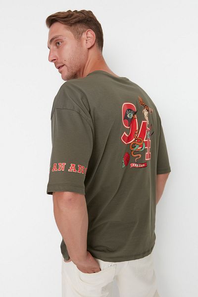 Trendyol Collection Khaki Color Oversize Crew Neck 100% Cotton Printed T-Shirt - TMNSS22TS0609