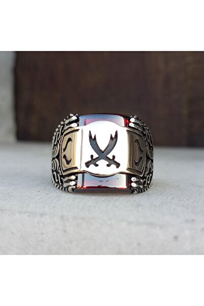 FKGÜMÜŞ Kırmızı Zirkon Taşlı Hz. Ali Kılıcı Zülfikar Erkek Yüzük