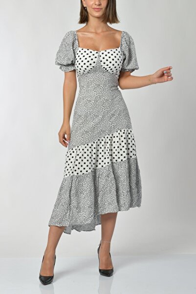 Fame فستان نسائي منقط بأكمام بالون - أبيض