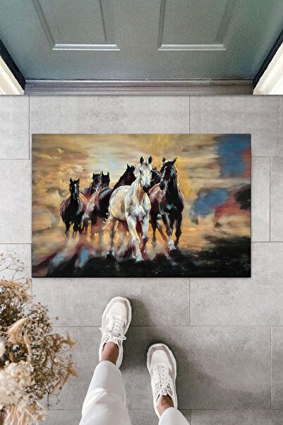 Silkcoat Home ممسحة أرجل رقمية مطبوعة متعددة الأغراض باللون البني للخيول الجارية في الهواء الطلق والداخل