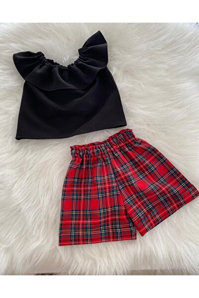 Moda Lina Baby Girl Black Blouse & Red Plaid Pattern Shorts
