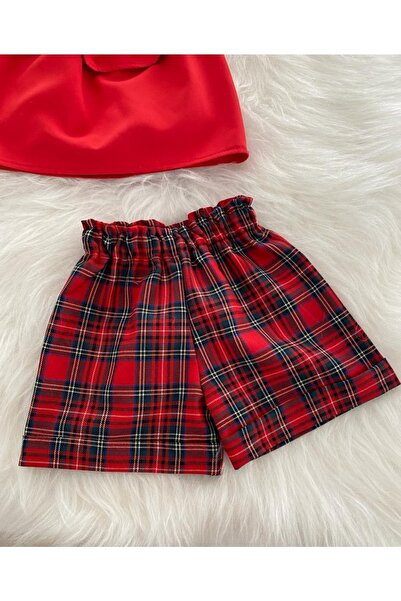 Moda Lina Baby Girl Red Blouse & Red Plaid Pattern Shorts Set