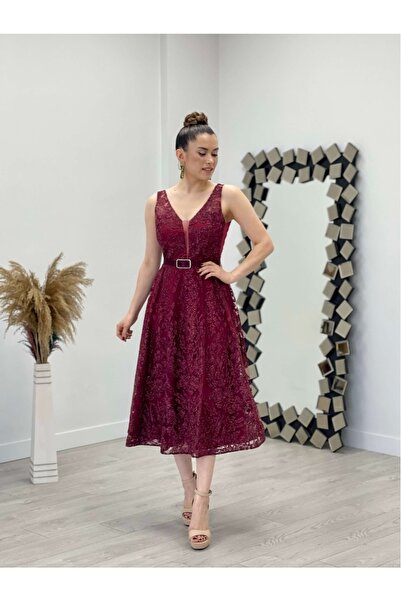 giyimmasalı Simli Kumaş Kalın Askılı Midi Elbise - Bordo