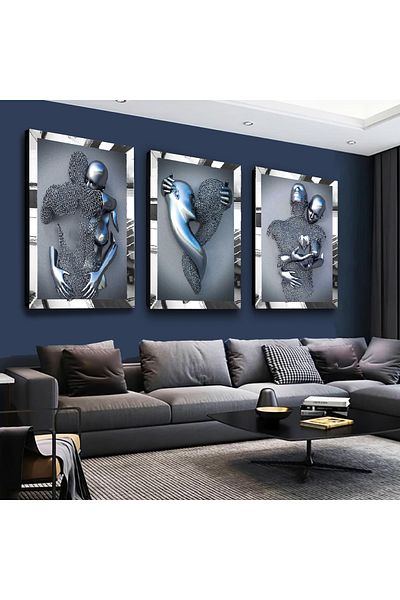 Zevahir Mobilya Dekorasyon Set de pictură din MDF triplu argintiu modern cu cadru din plexiglas cu oglindă argintie