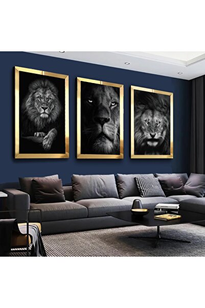 Zevahir Mobilya Dekorasyon Gold Aynalı Pleksi Çerçeveli Ormanlar Kralı Aslan Üçlü Mdf Tablo Seti