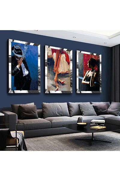 Zevahir Mobilya Dekorasyon Set de pictură din MDF triplu argintiu cu cadru din plexiglas cu oglindă argintie, pălărie, colaj, desen