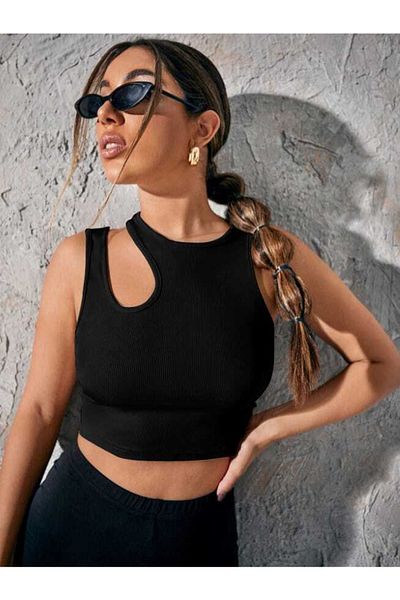 charango Women's Shoulder Detail Cutout Sleeveless Style Crop Top Blouse