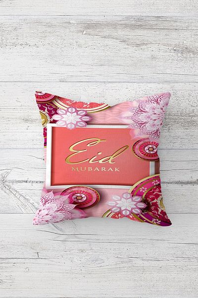 on the clouds Față de pernă cu model floral Eid Mubarak, imprimată pe două fețe, cu fermoar ascuns