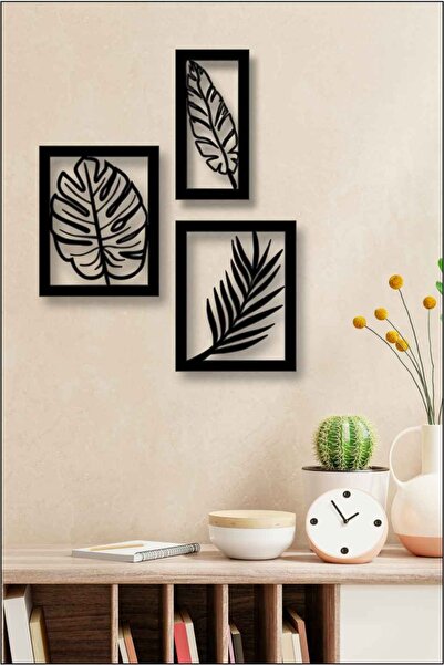 home trend değer verdiklerinize 3'lü Tropik Yaprak Dekoratif Ahşap Tablo Seti