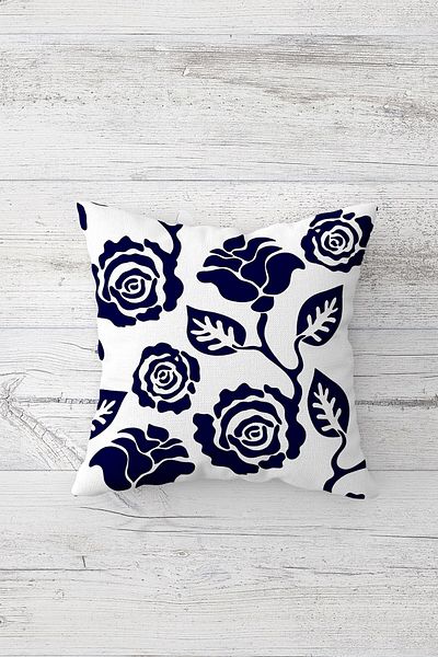 Pelangi White Navy Blue Rose Pattern Double Sided Printed Hidden Zippered Pillowcase Throw Pillow Pillowcase