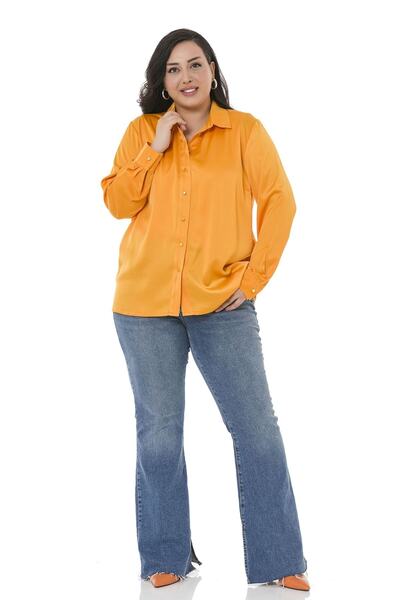 DISENTIS MODEST Plus Size Satin Textured Mustard Shirt with Cuffs