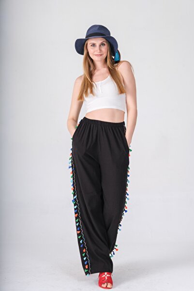 İna Plain Sile Fabric Summer Trousers with Elastic Waist and Accessories