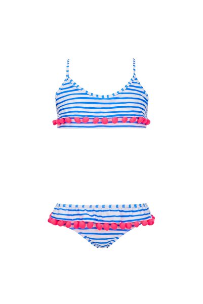 Sunuva Çizgili ve Ponponlu Kız Çocuk Bikini