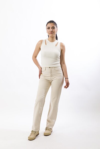ARMİBY Krem Kadın Yüksek Bel Denim Pantolon