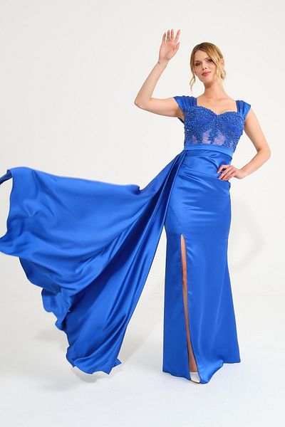 SpringStore Rochie de seara din satin transparent brodata cu piatra Saks