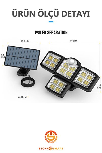 TechnoSmart Solar Güneş Enerjili 198 Ledli Kumandalı Hareket Sensörlü Bahçe Aydınlatma Sokak Lambası