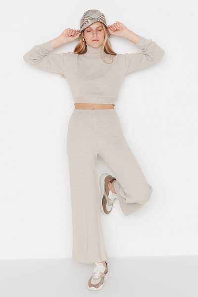 Trendyol Collection Crop Knitwear Set - Beige Lacing Detailed, Top and Bottom Set Twoaw21Au0093
