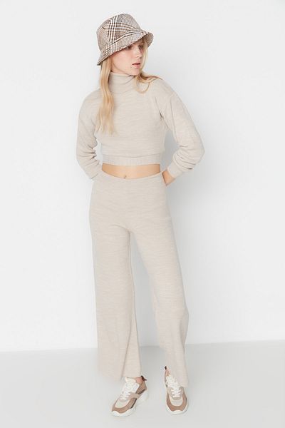 Trendyol Collection Crop Knitwear Set - Beige Lacing Detailed, Top and Bottom Set Twoaw21Au0093