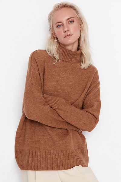 Trendyol Collection Ανοιχτό καφέ φαρδύς τύπος μαλακού υφάσματος πλεκτό πουλόβερ TWOAW23KZ00469