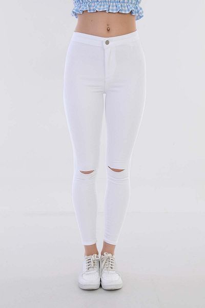 BİKELİFE Weiße Damen-Leggings aus Lycra mit hoher Taille und zerrissenen Details